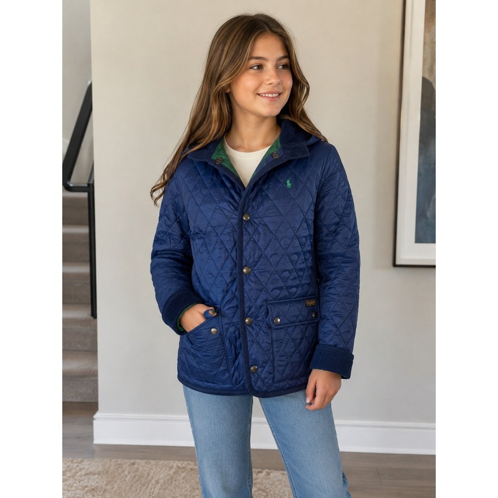 Polo Ralph Lauren Quilted Jacket Kids Large 14-16 Navy Blue Detachable Hood